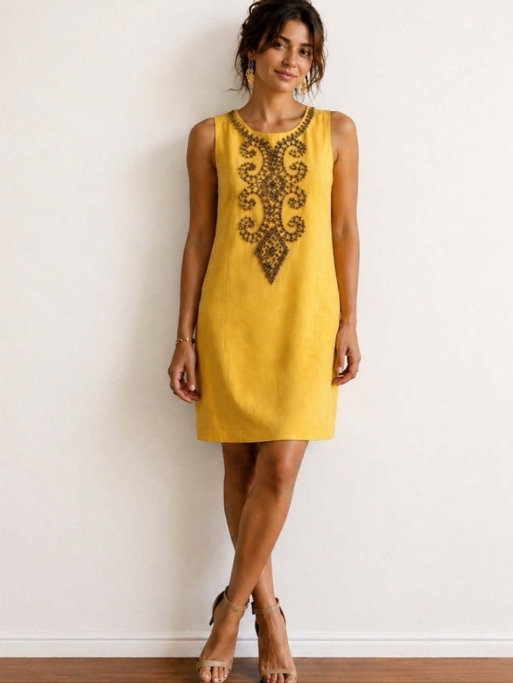 Ellen Tracy | Yellow Embellished Shift Dress | Beaded Neckline Sleeveless Sheath